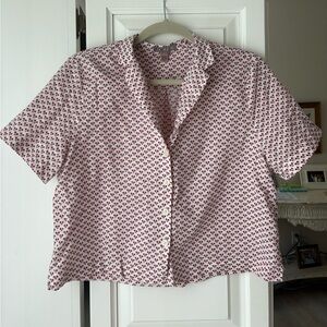 Cotton linen blend retro floral button down collared blouse